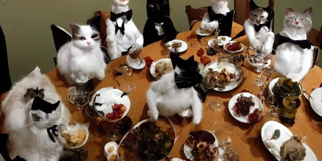 Prompt: claymation cats dressed fancy eating a delicious meal wiith the company of good friends