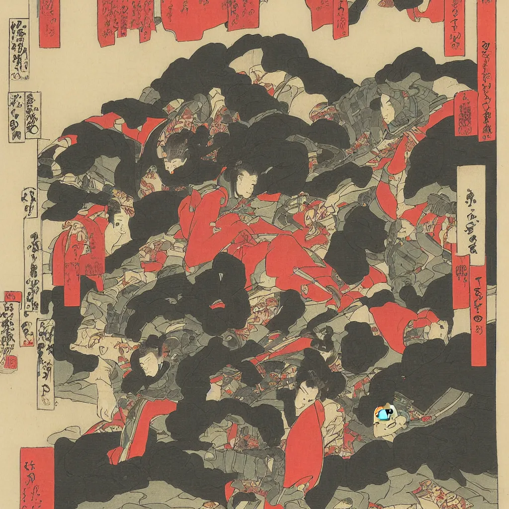 Image similar to Robots fighting in front of Mt Fuji, cherry blossoms, Ukiyo-e by Utagawa Kuniyoshi