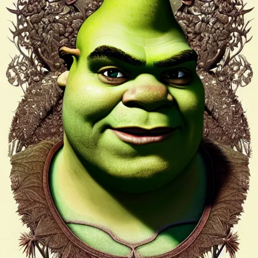 Image similar to a beautiful detailed front view portrait of shrek with ornate growing around, ornamentation, flowers, elegant, beautifully soft lit, by wayne barlowe, peter mohrbacher, kelly mckernan,