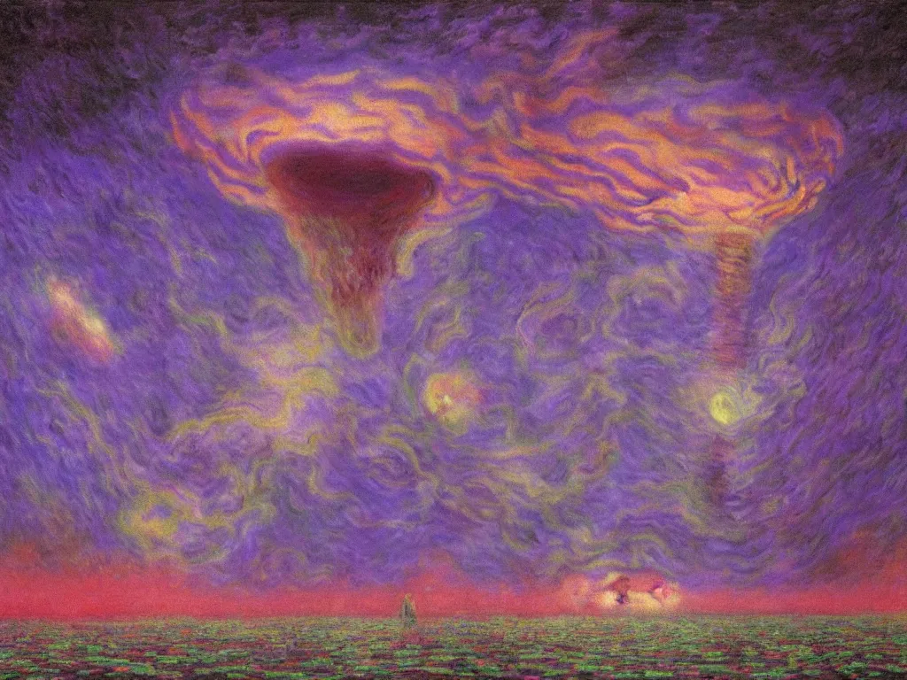 Image similar to study of the psychedelics dream bot mothership thunderstorm. painting by monet, wayne barlowe, agnes pelton, rene magritte, moebius