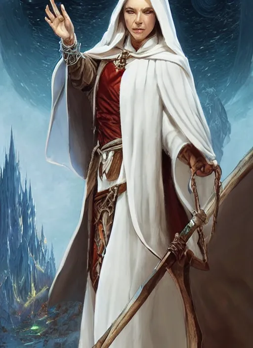 Image similar to female priest in white cloak, ultra detailed fantasy, dndbeyond, bright, colourful, realistic, dnd character portrait, full body, pathfinder, pinterest, art by ralph horsley, dnd, rpg, lotr game design fanart by concept art, behance hd, artstation, deviantart, hdr render in unreal engine 5