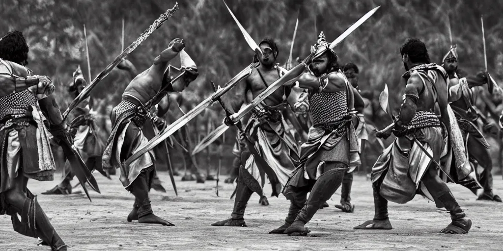 Image similar to sri lankan warriors with swords, film still, epic shot cinematography, rule of thirds, fantasy movie style