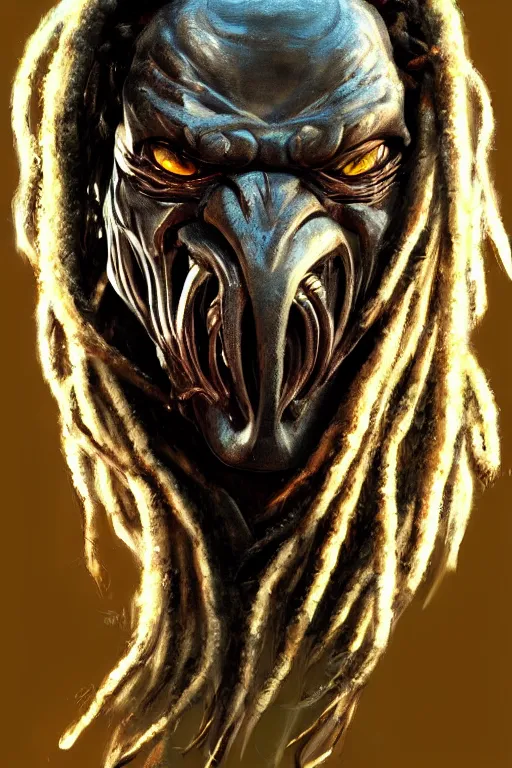 Image similar to predator 1 9 8 7 face redesign, portrait, highly detailed, dreadlocks, mandables, digital painting, trending on artstation, concept art, illustration