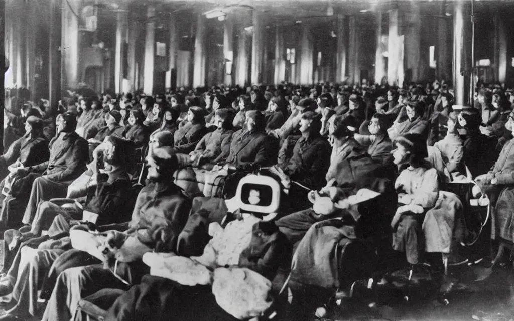Image similar to 1 9 0 0 s photo of people using iphones ipods virtual reality headsets vr watching hd tv in a movie theater intravenous tube iv in their arms