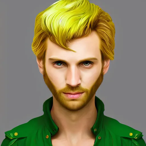 Image similar to artstation fantasy portrait, artist of Utopia, a human male, a dashing space hero with blond hair, wearing a green shirt