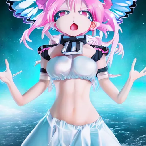 Image similar to stunningly beautiful omnipotent megalomaniacal anime goddess who looks like junko enoshima with symmetrical perfect face and porcelain skin, pink twintail hair and mesmerizing cyan eyes, looking down upon the viewer and taking control while smiling in a mischievous way, mid view from below her feet, hyperdetailed, 2 d anime, 8 k