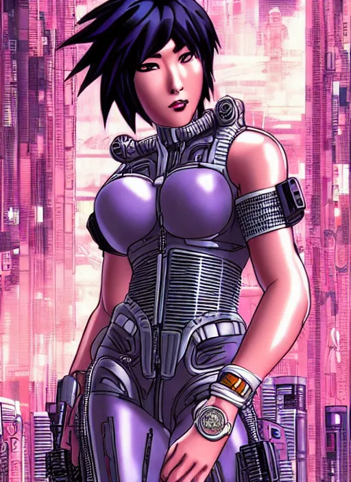 Image similar to motoko kusanagi in grungy cyberpunk megacity, intricate and finely detailed, cyberpunk vaporwave, portrait by j scott campbell