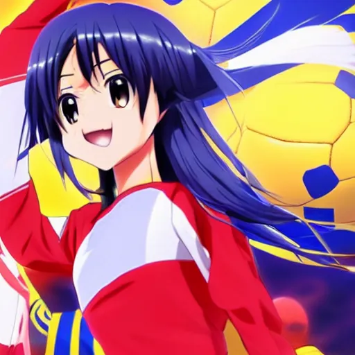Image similar to Anime girl wearing the National Colombian Soccer Team uniform , Artwork by Makoto Shinkai, official media, 8k, pixiv, high definition, wallpaper, hd, digital artwork