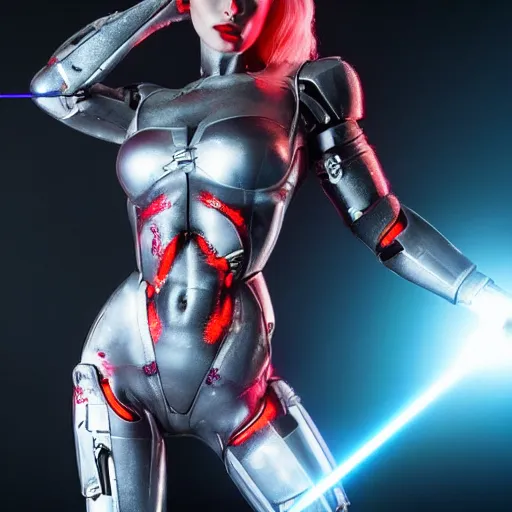 Image similar to an attractive cyborg female clone with laser eyes and full body paint, cinematic lighting