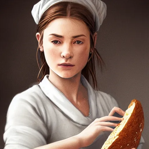 Prompt: epic portrait An waitress enjoying loaf of bread, white uniform, short sleeved, brown long haired, blurry viking village backround, digital painting, artstation, concept art, soft light, hdri, smooth, sharp focus, illustration, fantasy, intricate, elegant, highly detailed, D&D, matte painting, in the style of Greg Rutkowski and Alphonse Mucha and artemisia, 8k, highly detailed, jurgens, rutkowski, bouguereau, pastoral, rustic, georgic