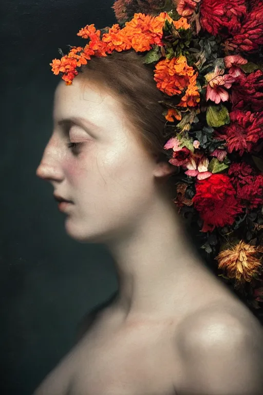 Image similar to a womans face in profile, made of flowers and leaves, in the style of the Dutch masters and Gregory Crewdson, impressive, dark, ethereal, dramatic, epic, a masterpiece, fine art with subtle redshift rendering