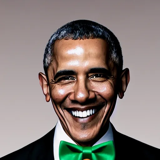 Image similar to realistic photo of casual barack obama with red hair wearing a black sweater and a green bow tie, still from riverdale