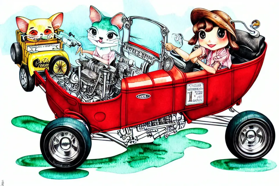 Image similar to cute and funny, margay riding in a tiny 1 9 2 3 ford t - bucket with oversized engine, ratfink style by ed roth, centered award winning watercolor pen illustration, isometric illustration by chihiro iwasaki, edited by range murata, tiny details by artgerm and watercolor girl, symmetrically isometrically centered