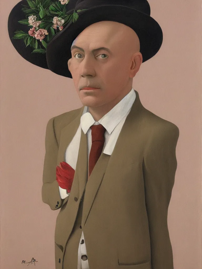 Image similar to portrait of man in a suit that has flowers instead of head by rene magritte, detailed painting, hd, hq, high resolution, high detail, 4 k, 8 k