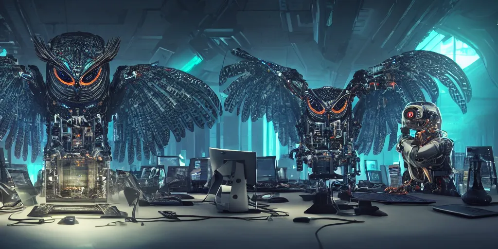 Image similar to an giant evil, malevolent, cyborg owls looking at a computer, surrounded by computer screens. this 4 k hd image is trending on artstation, featured on behance, well - rendered, extra crisp, features intricate detail and the style of unreal engine. volumetric lighting octane render