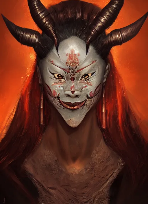 Prompt: a beautiful detailed oil on copper art illustration of a japanese ikazuchi mask devil woman, the mask is broken, centered, by charlie bowater, zeng fanzh, trending on artstation, dim dusk lighting, cinematic lighting, detailed lighting, volumetric lighting, realistic, f 8, 4 k hd wallpaper