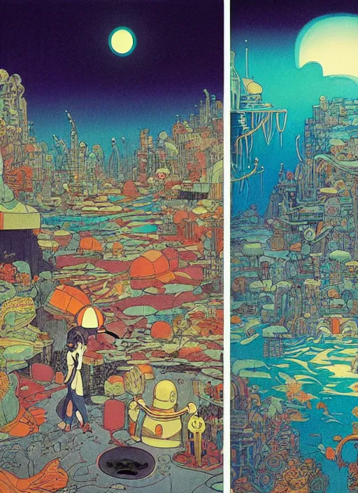 Prompt: 70s vintage anime illustration by Studio Ghibli and by James Jean, giant underwater city amongst cliffs at night by Jeffery Smith by Mati Klarwein, underwater Atlantean city landscape lights up the dark sea with bold colors, a surreal magical aura surrounds this hidden city lighting up the darkness