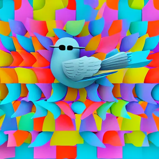 Prompt: the twitter bird surrounded by screens of different shapes and colors, 3d rendered