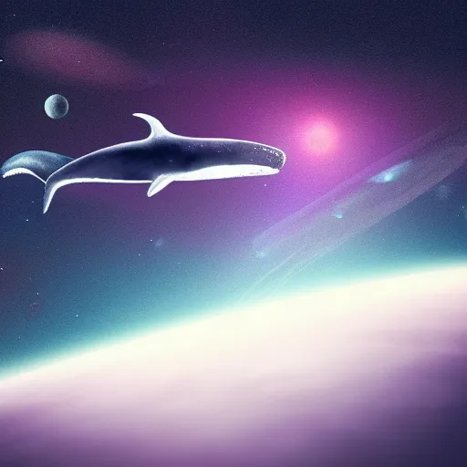 Image similar to portrait of space whale on a dark night sky in space, flying across the universe, oniric, dreamy, beautiful, highly detailed, realistic, cinematic, dynamic composition