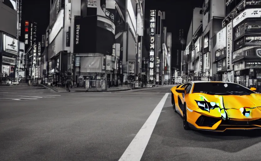 Prompt: wideshot of a Lamborghini Aventador in tokyo at night, highly detailed, 4k photo, shot with sony alpha
