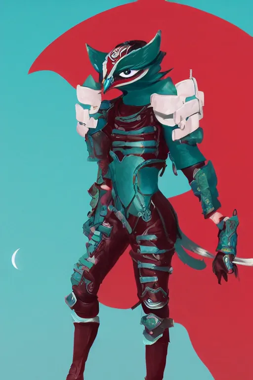 Image similar to female adventurer in tight full - body teal leather armor of japanese design with red accents and a white porcelain crow mask, trending in artstation, japanese, artstation, big moon in the background, establishing shot