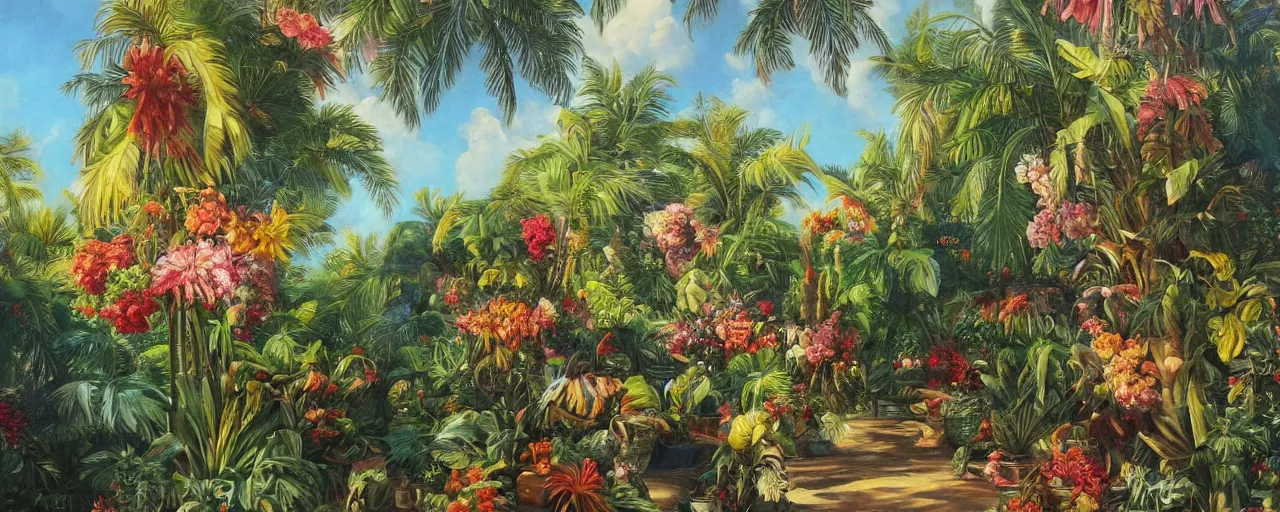 Image similar to a highly detailed oil painting of Tropical Flowers, a view from ground level: elegant, ornate, daytime. this is a beautifully lit scene.