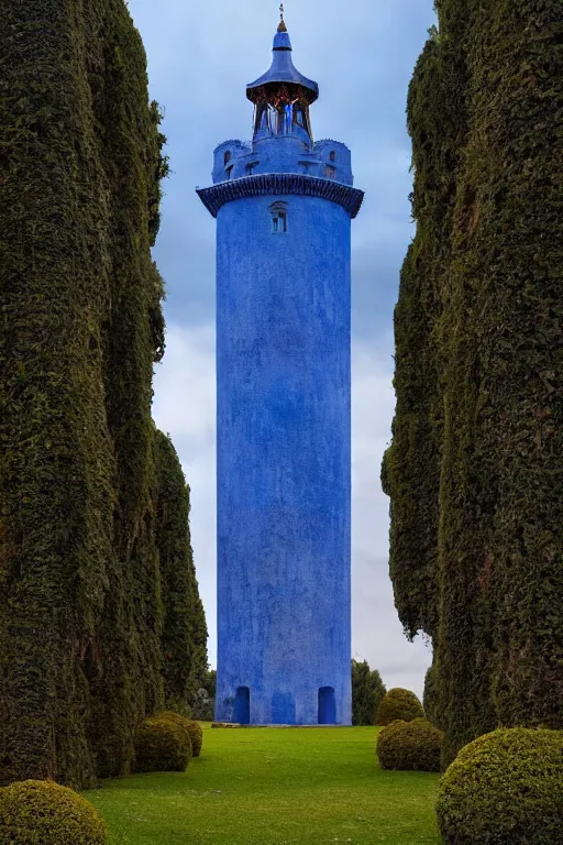 Image similar to view of the mysterious blue tower in its gardens after a storm, tall windows, beautiful moorish ornament, dramatic cinematic lighting, rich colors, by April Gornik and Nicholas Roerich and Sylvain Sarrailh and Ludwig Deutsch