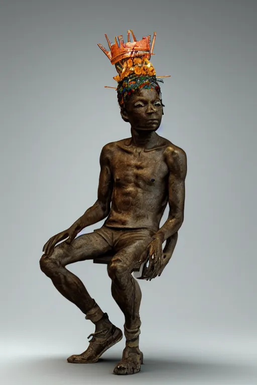 Image similar to a full-body bronze statue of Jean-Michel Basquiat sitting and thinking, wearing a rococo crown of peach roses, 3d octane render