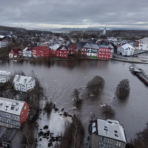 Image similar to tsunami hits trondheim, real historical event caught on camera, dramatic, hdr, hdd, clear image,