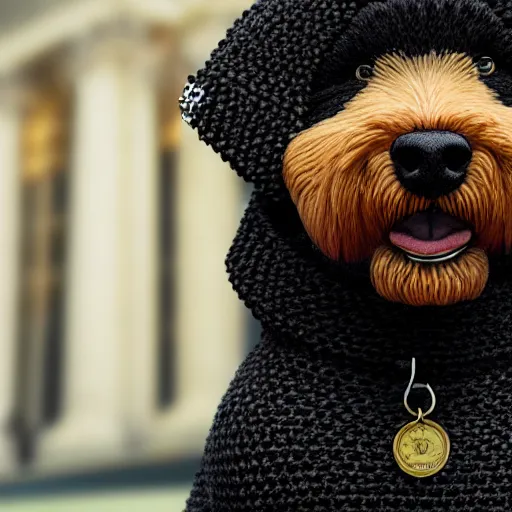 Image similar to a closeup photorealistic illustration of a smiling knitted bernedoodle judge dog dressed in a black gown, presiding over the courthouse. scales of justice and a gavel in the scene. this 4 k hd image is trending on artstation, featured on behance, well - rendered, extra crisp, features intricate detail, epic composition and the style of unreal engine.