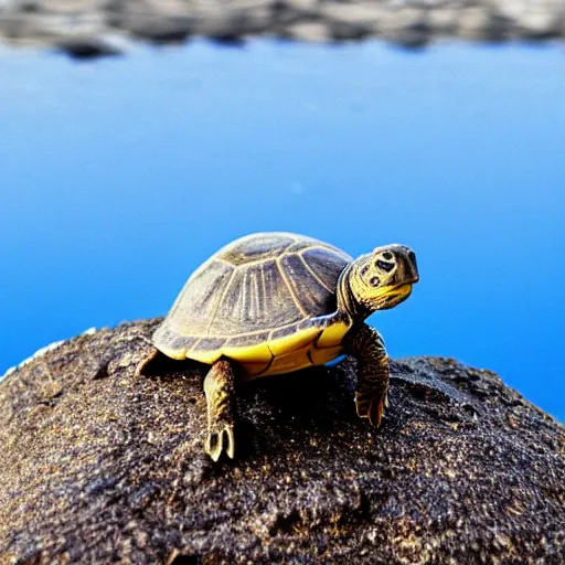 Prompt: a turtle on a rock looking at the sea, macro 8mm photo, the camera is behind the turtle