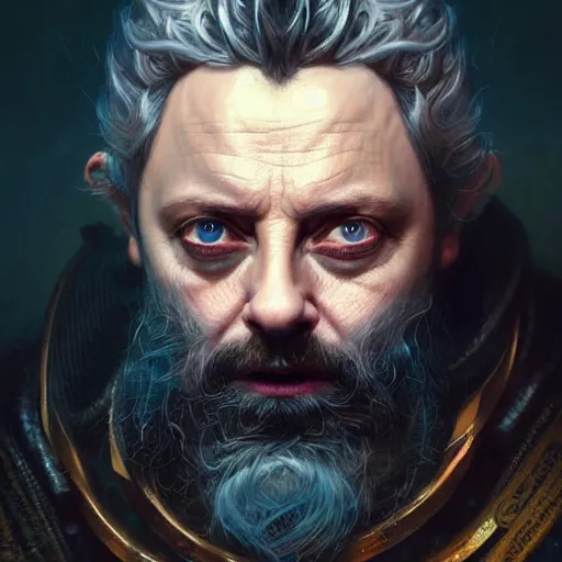 Image similar to portrait painting of a cyberpunk dwarf mage bald and bearded michael sheen, ultra realistic, concept art, intricate details, eerie, highly detailed, photorealistic, octane render, 8 k, unreal engine. art by artgerm and greg rutkowski and charlie bowater and magali villeneuve and alphonse mucha