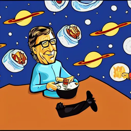 Image similar to Bill Gates eating burritos in outer space. Cartoon style.