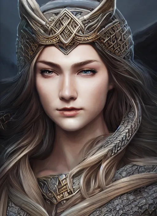 Prompt: up close portrait of a beautiful norse woman, d & d, face, fantasy, intricate, elegant, highly detailed, digital painting, artstation hq, concept art, smooth, sharp focus, 4 k uhd, illustration, art by artgerm and jeehyung lee, dao trong le, trending on artstation, unreal engine 5 highly rendered