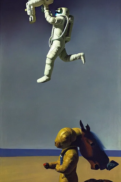 Prompt: an astronaut lifts a horse with his mind and makes it levitate, hauntingly surreal, highly detailed painting by francis bacon, edward hopper, adrian ghenie, gerhard richter, and james jean soft light 4 k,