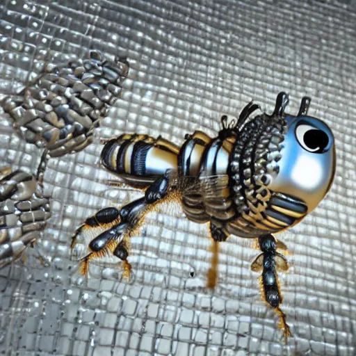 Image similar to cybernetic bees made of metal, mechanical, shiny