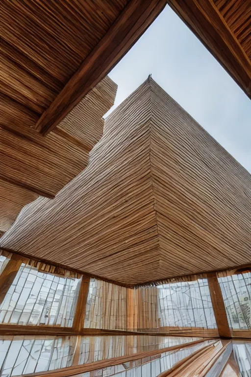 Image similar to buliding design by ieoh ming pei, it is made by wood, function is church ， photography ， 8 k