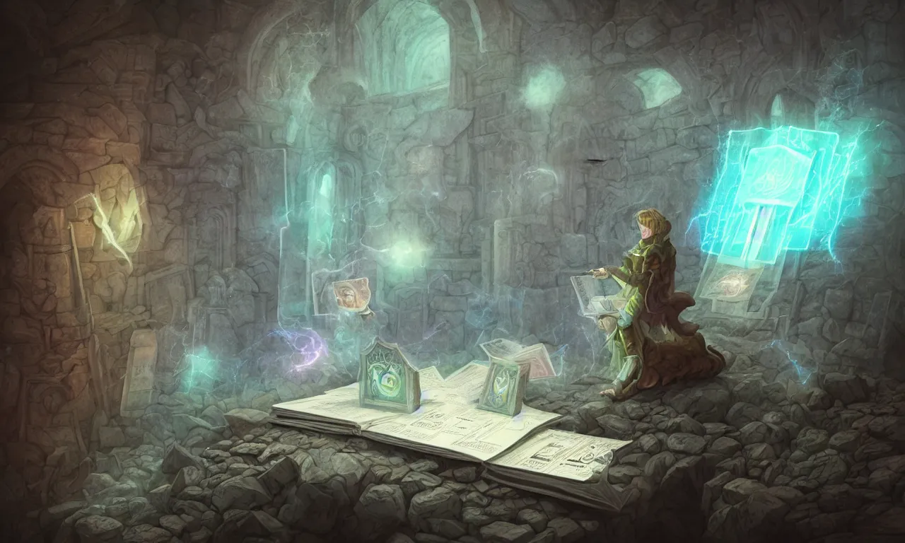 Image similar to kerberos realm, faked ticket close up, wizard reading a directory, nordic pastel colors, abandoned ruins, 3 d art, digital illustration, perfect lighting