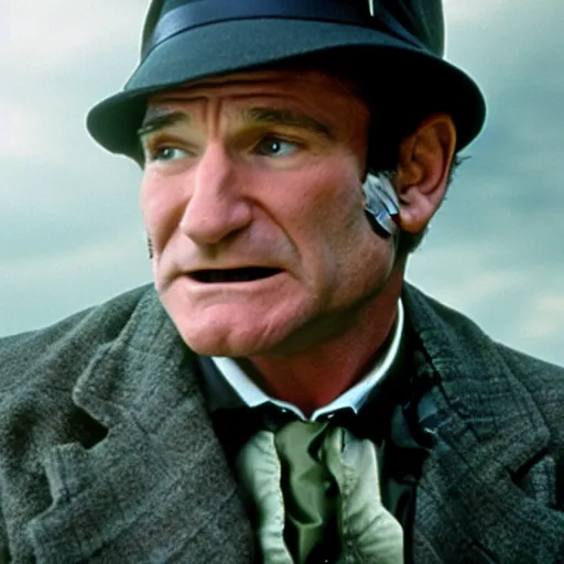 Image similar to award winning awe inspiring movie still of Robin Williams playing The Riddler