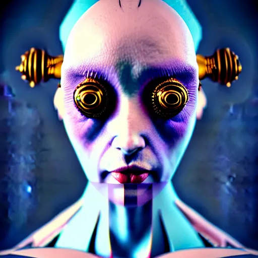 Image similar to Colour aesthetic Caravaggio style full body Photography of Highly detailed beautiful alienWoman with 1000 year old detailed face wearing highly detailed retrofuturistic sci-fi Neural interface designed by Hiromasa Ogura . In style of Josan Gonzalez and Mike Winkelmann and andgreg rutkowski and alphonse muchaand and Caspar David Friedrich and Stephen Hickman and James Gurney and Hiromasa Ogura. Rendered in Blender and Octane Render volumetric natural light