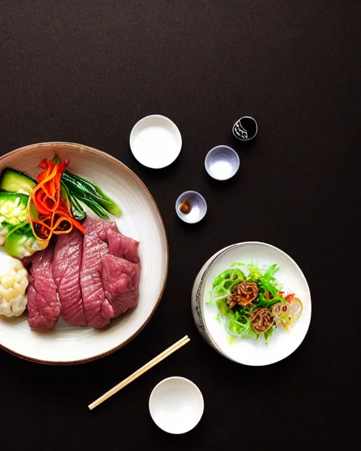 Prompt: realistic photo of delicious yakiniku, bowl, white kitchen table, cloth, marble, highly detailed, by louise lister, sara ali, mary devinat, kailee mandel, masterpiece, award winning, food photography