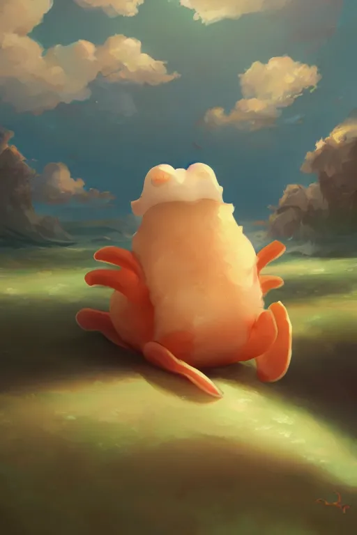 Prompt: a very cute sea slug rabbit close up, by rhads, makoto shinkai and lois van baarle, johannes voss, low angle fisheye view, sky whith plump white clouds, elegant, highly detailed, artstation, 8 k, unreal engine, hdr, concept art, volumetric lighting matte