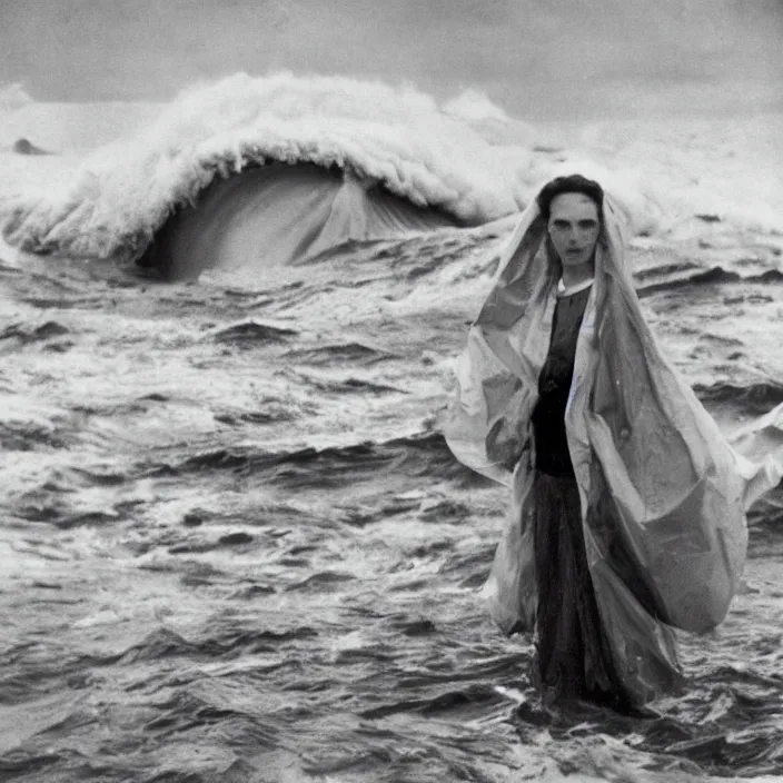 Image similar to a closeup portrait of a woman wearing wrapped in plastic, standing in front of a giant tsunami wave, color photograph, by john singer sargent, canon eos c 3 0 0, ƒ 1. 8, 3 5 mm, 8 k, medium - format print