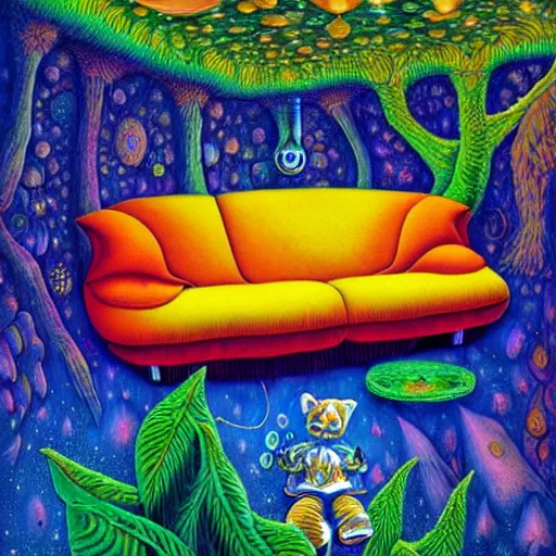 Image similar to psychedelic couch sofa in the lush forest, milky way, designed by moebius, rob gonsalves, gustav dore, giuseppe arcimboldo and carl barks, louis wain, trending on artstation, mediterranean, star, sharp focus, colorful refracted sparkles and lines, soft light, 8 k 4 k