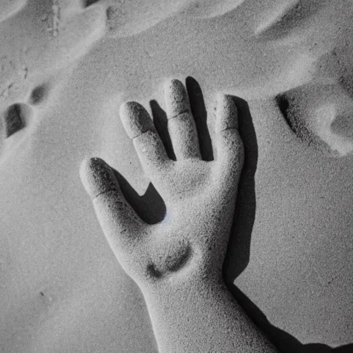 Prompt: a hand holding a face made of sand, color photo, 8 5 mm high depth of field, warm color palette