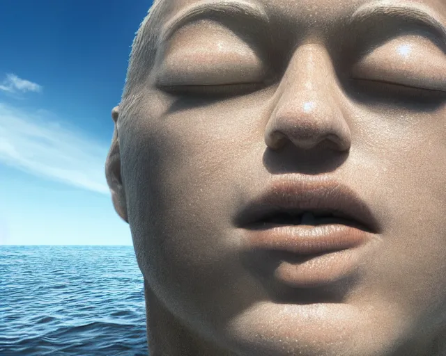 Image similar to a giant sculpture in the ocean of a human head, hyper - realistic, very detailed, realistic water, ray tracing, 8 k resolution, long - shot, sharp focus, low angle, 8 5 mm photograph, wide lens