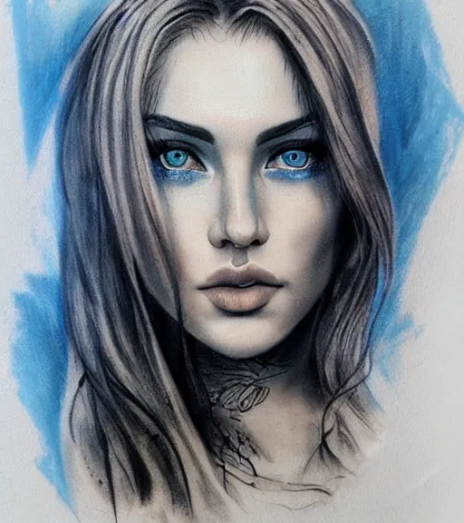 Image similar to tattoo design sketch of a beautiful blue - eyed woman face with a faded background of beautiful mountains and nature on her side, hyper - realistic, in the style of den yakovlev, amazing detail, black and white