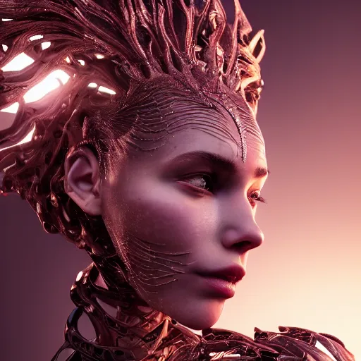 Image similar to beautiful wraithen biomechanical incredible technological hair, masterpiece crystalline incrustations, hyper - detailed face, elegant pose, movie still, intricate, octane render, cinematic lighting, cgsociety, unreal engine,