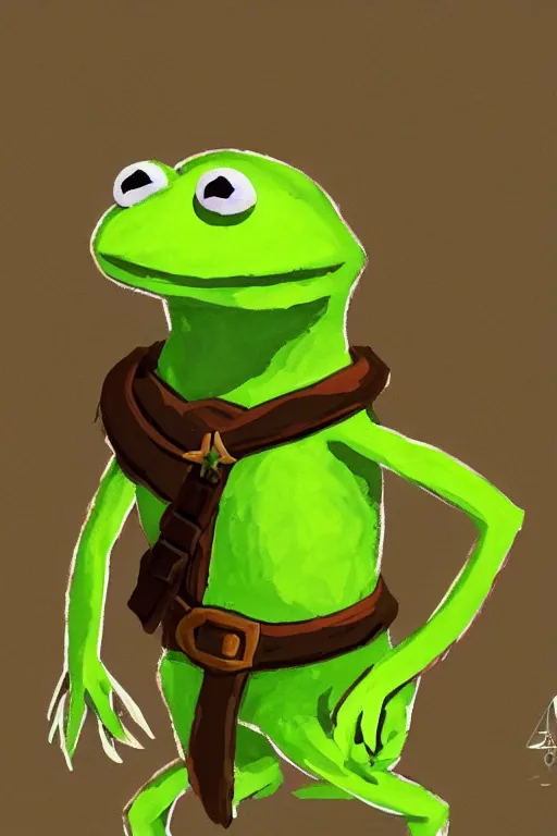 Image similar to an in game portrait of kermit from the legend of zelda breath of the wild, breath of the wild art style.