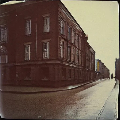 Prompt: low angle wide shot of Petrozavodsk street in the early morning, after rain, polaroid photo, by Warhol,